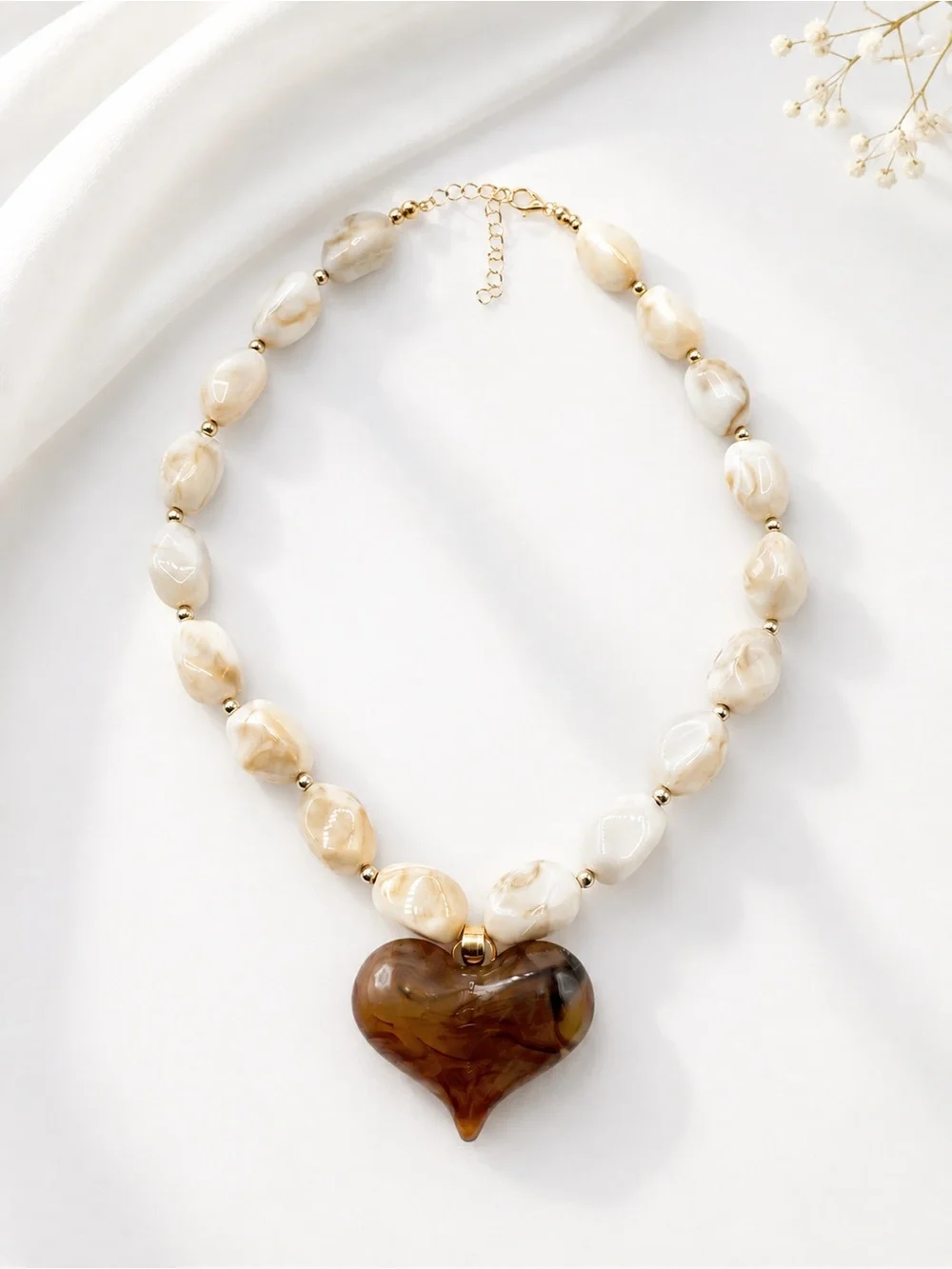 Acrylic & Resin Heart Pendant Statement Necklace in Cream & Espresso